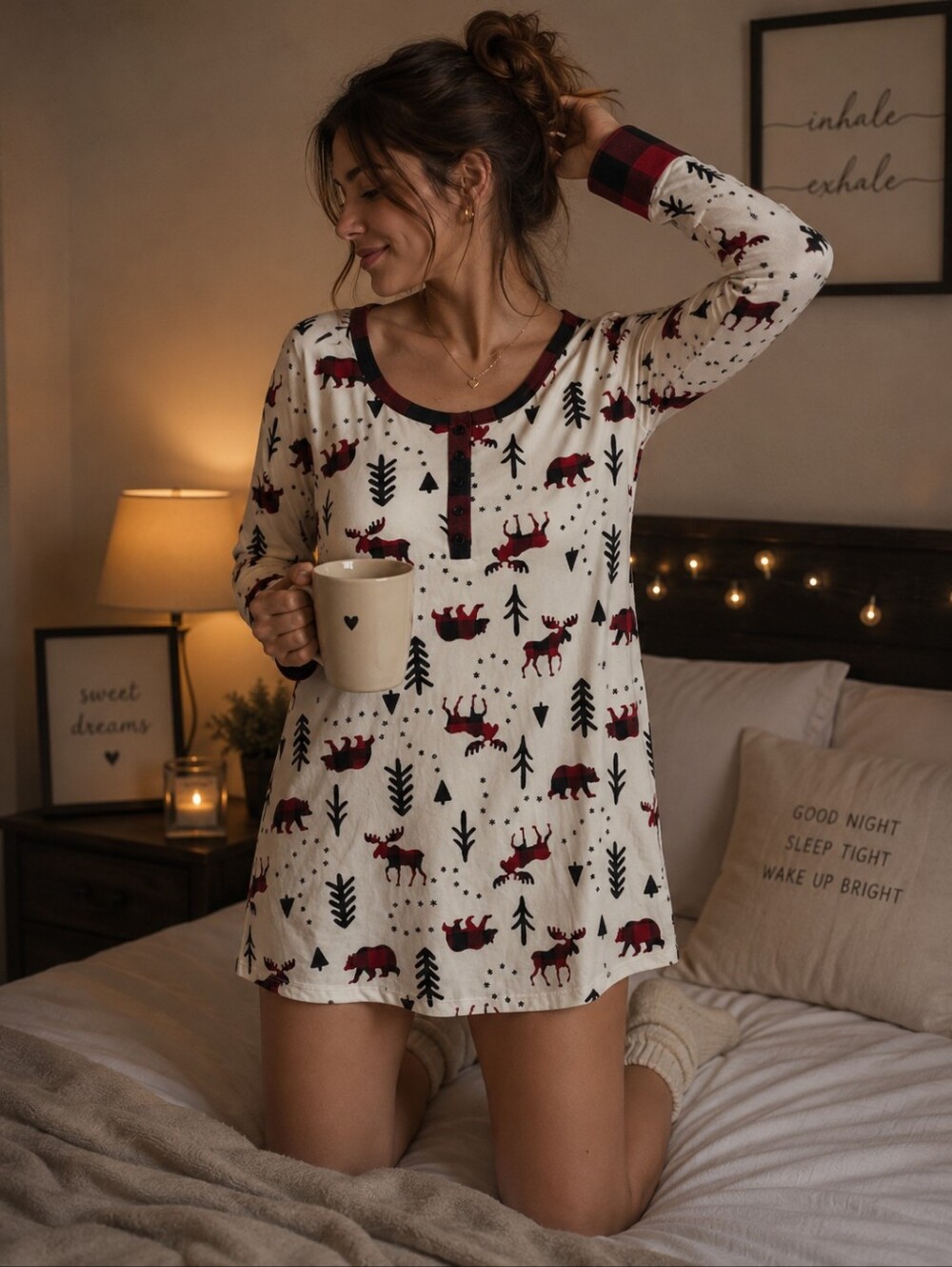 5/25$ Family Pajamas Red and Black Moose Print Henley